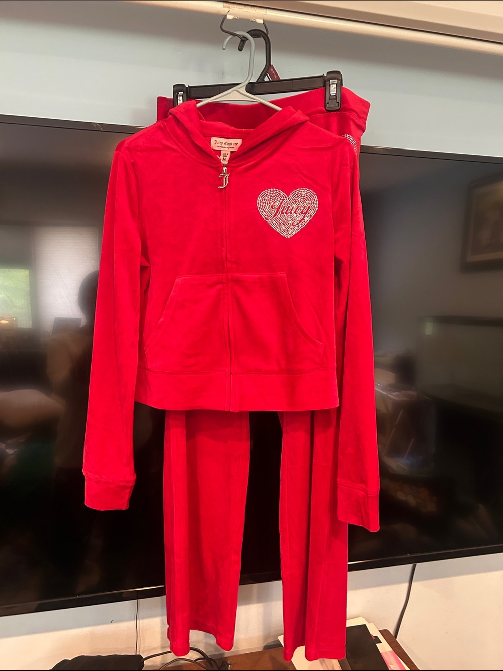 Juicy Couture Bright Red Velour Zip Hoodie & Pants Set with Heart Logo
